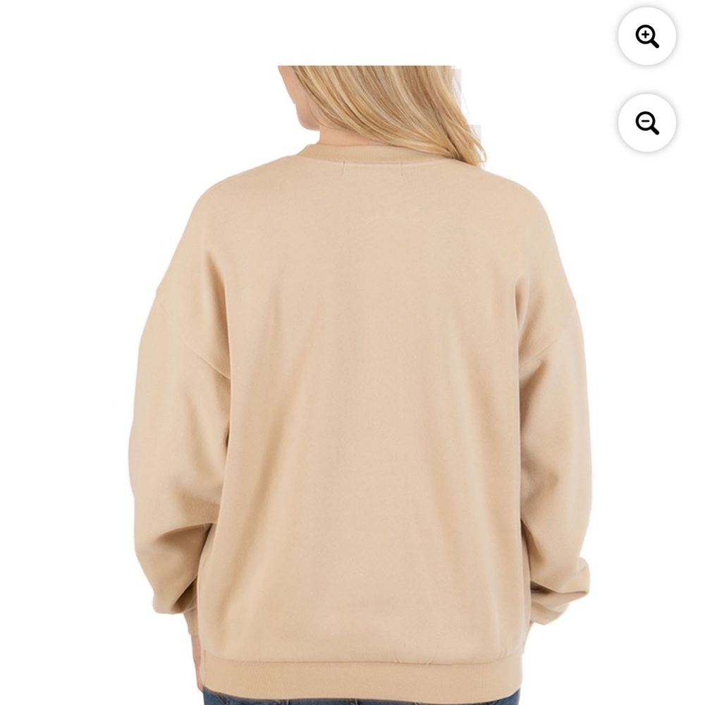 I’m in size extra large Joyce sweatshirt State of Mind Tan Joy Sweatshirt - Picture 3 of 6